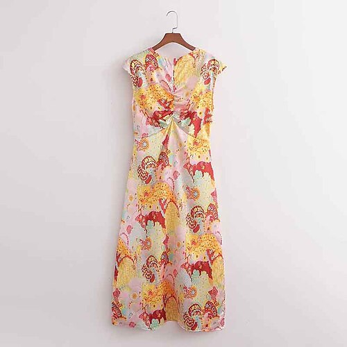 

Women's Floral Dress Maxi long Dress Orange Sleeveless Geometric Print Summer High Neck Stylish Cap Sleeve 2022 S M L