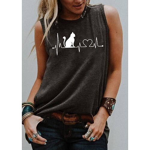 

Women's Tank Top Cat Graphic Print Round Neck Basic Tops Blue Purple Pink