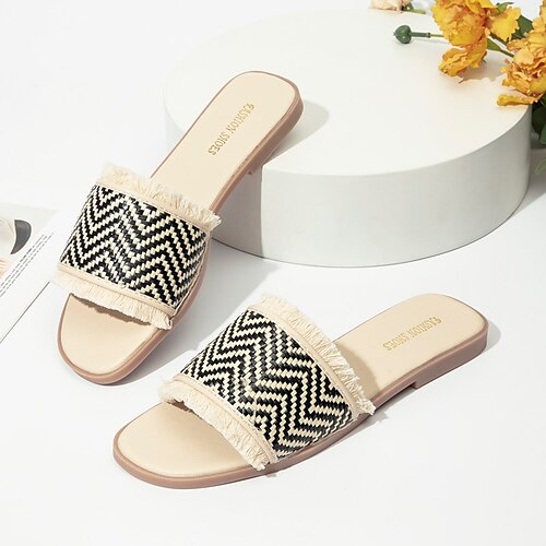 

Women's Slippers Outdoor Slippers Daily Wedding Sandals Summer Buckle Flat Heel Round Toe Casual PU Leather Loafer Polka Dot Black White