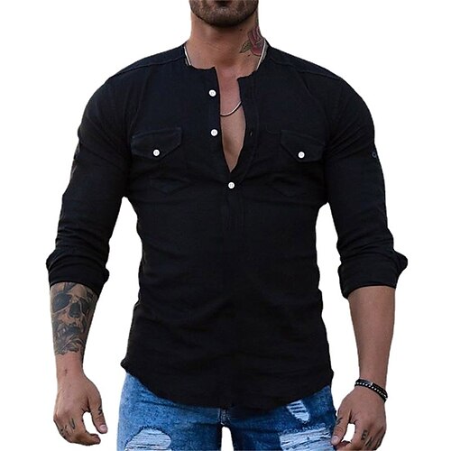 

Men's Shirt Solid Color Crew Neck Street Casual Button-Down Long Sleeve Tops Casual Fashion Streetwear Cool Black Summer Shirt