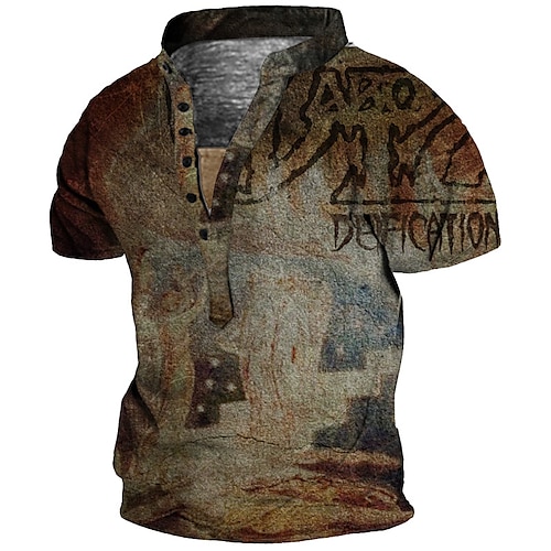 

Men's Henley Shirt Tee T shirt 3D Print Graphic Plus Size Stand Collar Daily Sports Button-Down Print Short Sleeve Tops Basic Casual Vintage Designer Brown