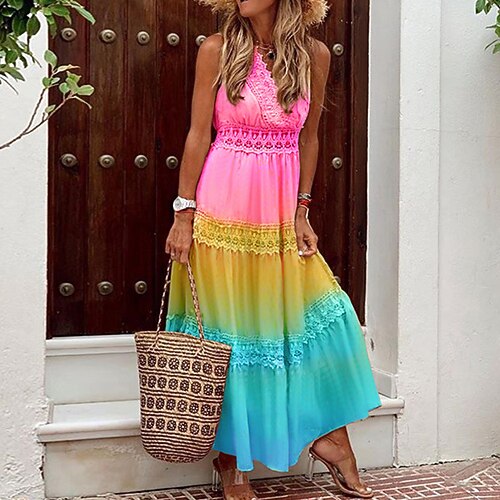 

Women's A Line Dress Maxi long Dress Rainbow Sleeveless Color Gradient Ruched Patchwork Spring Summer V Neck Casual 2022 S M L XL