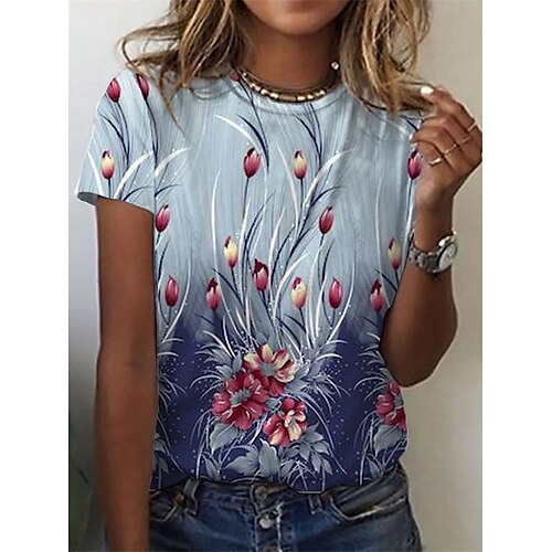 

Women's T shirt Flower Patchwork Print Round Neck Basic Tops Blue / 3D Print
