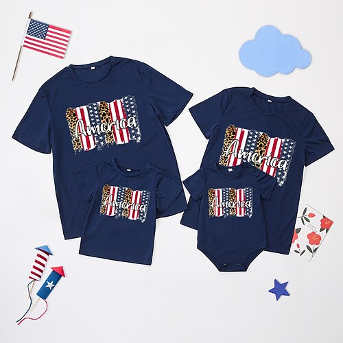 

Family Look American National Day T shirt Tops Leopard Star Letter Causal Print Blue White Black Short Sleeve Casual Matching Outfits