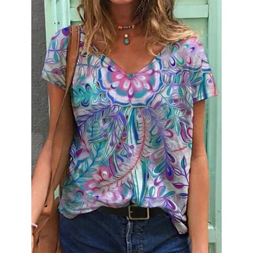 

Women's Floral Theme T shirt Graphic Print V Neck Basic Tops Blue Light Green / 3D Print