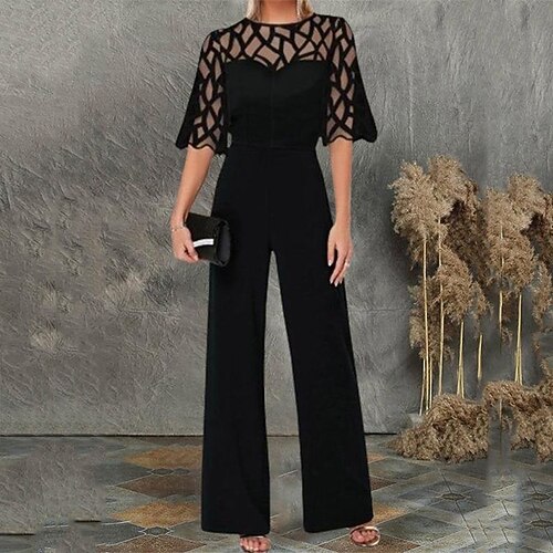 

Women's Jumpsuit Lace Solid Color Crew Neck Elegant Business Work Regular Fit Half Sleeve Black S M L Spring