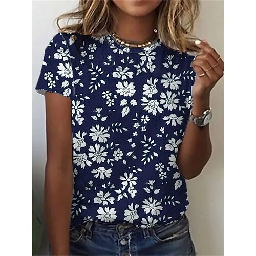 

Women's Floral Theme T shirt Floral Plants Print Round Neck Basic Tops Blue / 3D Print