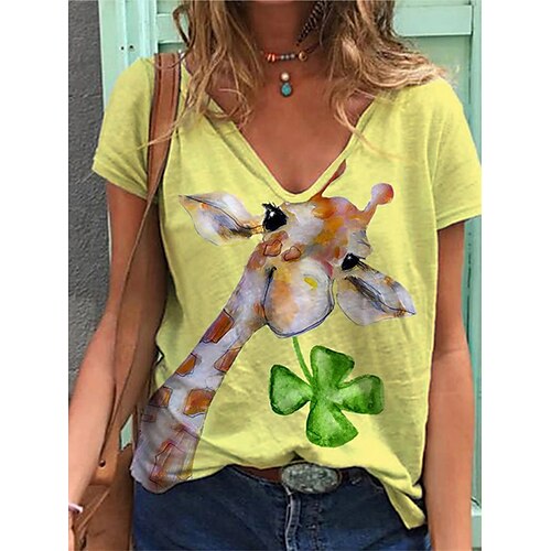 

Women's T shirt Animal Patchwork Print V Neck Basic Tops Yellow / 3D Print