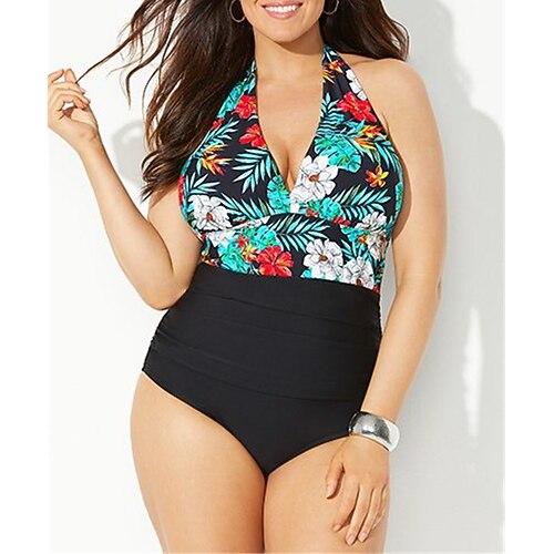 

Women's Swimwear One Piece Monokini Bathing Suits Plus Size Swimsuit Tummy Control Open Back Flower Black Plunge Bathing Suits New Vacation Fashion / Modern / Padded Bras