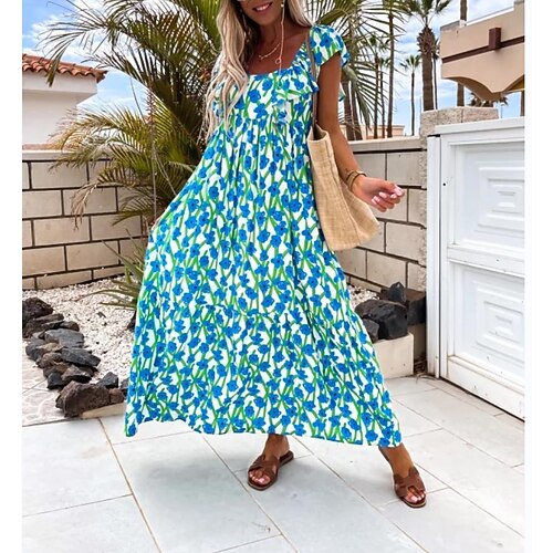 

Women's Swing Dress Maxi long Dress Pink Royal Blue Yellow Short Sleeve Floral Patchwork Print Summer Deep U Boho 2022 S M L XL XXL