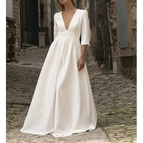 

Women's A Line Dress Maxi long Dress White 3/4 Length Sleeve Solid Color Pocket Patchwork Fall Spring Deep V Party Stylish Sexy 2022 S M L XL