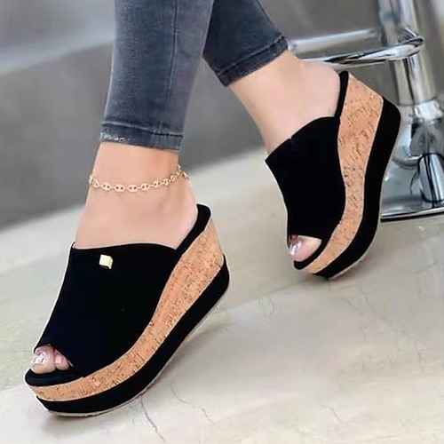 

Women's Mules Platform Sandals Corkys Sandals Daily Summer Platform Wedge Heel Peep Toe Casual PU Leather Faux Suede Loafer Color Block Black White Rosy Pink