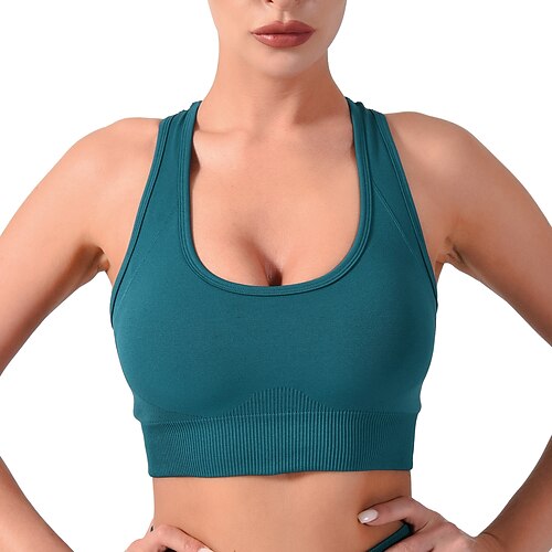 

Women's Sports Bra Medium Support Summer Removable Pad Wireless Solid Color Green Black Nylon Yoga Fitness Gym Workout Bra Top Sport Activewear Breathable Quick Dry Comfortable Stretchy Slim