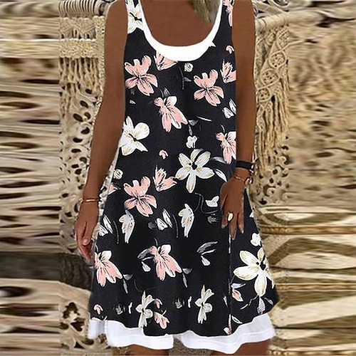 

Women's Shift Dress Black Blue Light gray Sleeveless Floral Fake two piece Spring Summer U Neck Loose Fit 2022 S M L XL XXL 3XL