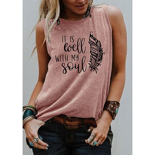 

Women's Tank Top Graphic Feather Letter Print Round Neck Basic Tops Blue Purple Pink