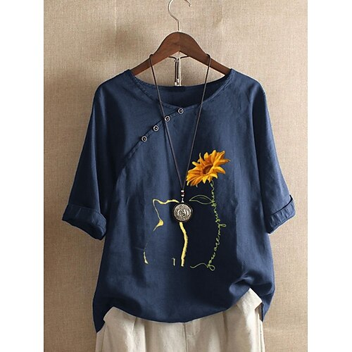 

Women's Floral Theme Shirt Floral Cat Print Round Neck Tops Green Red Navy Blue