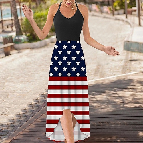 

Women's A Line Dress Maxi long Dress Blue Royal Blue Dark Blue Red Navy Blue Light Blue Sleeveless Flag Plus High Low Print Spring Summer Spaghetti Strap Elegant Casual Vacation 2022 S M L XL XXL