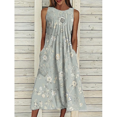 

Women's Casual Dress Midi Dress Purple Light Blue Sleeveless Floral Print Spring Summer Crew Neck 2022 S M L XL XXL 3XL