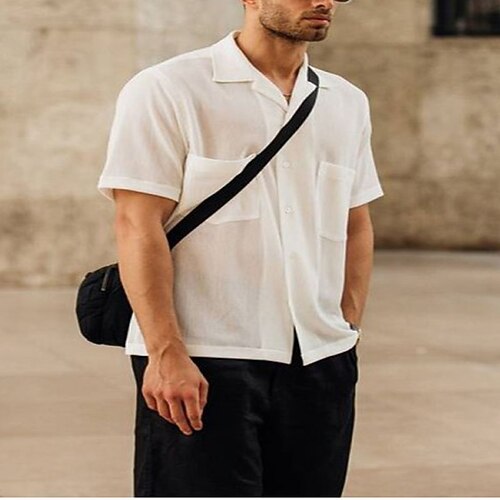 

Men's Shirt Solid Color Turndown Street Casual Button-Down Short Sleeve Tops Casual Fashion Breathable Comfortable White