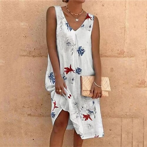 

Women's Shift Dress Knee Length Dress White Long Sleeve Floral Print Spring Summer V Neck Casual Vacation 2022 S M L XL XXL 3XL