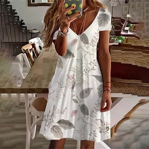 

Women's A Line Dress Short Mini Dress White Short Sleeve Floral Print Spring Summer V Neck Casual 2022 S M L XL XXL 3XL