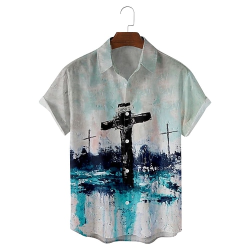 

Men's Shirt 3D Print Cross Turndown Casual Daily Short Sleeve Tops Casual Hawaiian Blue / White