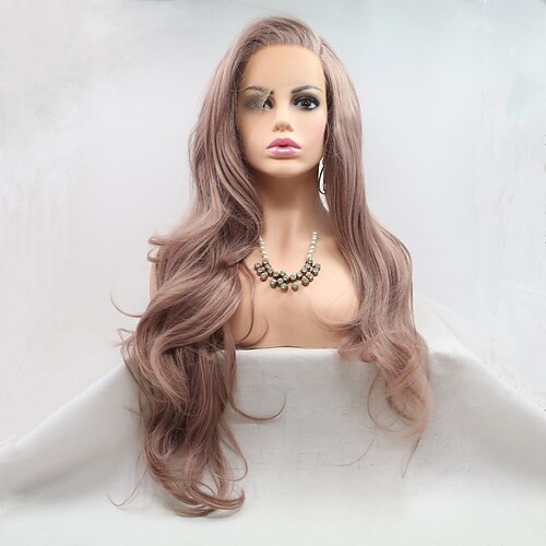 

Natural Hairline Long Wavy Dusty Rose Gold Heat Resistant Fiber Hair Synthetic Lace Front Wigs Glueless Pink Lace Women Wigs