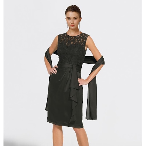 

Sheath / Column Mother of the Bride Dress Elegant Jewel Neck Short / Mini Lace Charmeuse Sleeveless Shawls with Ruched Ruching 2022