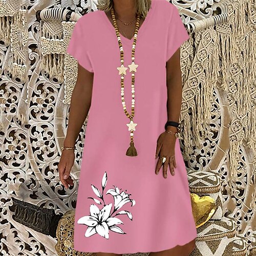 

Women's Shift Dress Knee Length Dress Blue Black Pink Wine Navy Blue Short Sleeve Floral Print Spring Summer V Neck Casual Under 10 S M L XL XXL 3XL 4XL 5XL