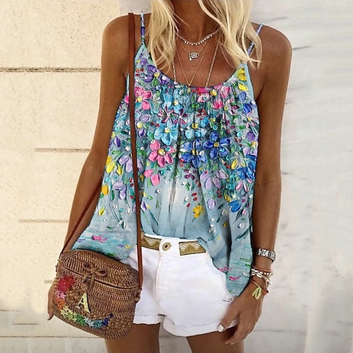 

Women's Camisole Tank Top Vest Blue Floral Print Sleeveless Daily Holiday Streetwear Casual U Neck Regular Floral S / 3D Print