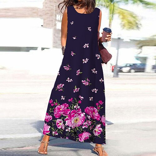 

Women's A Line Dress Maxi long Dress Purple Sleeveless Floral Pocket Print Spring Summer Round Neck Stylish Casual Vacation 2022 S M L XL XXL 3XL