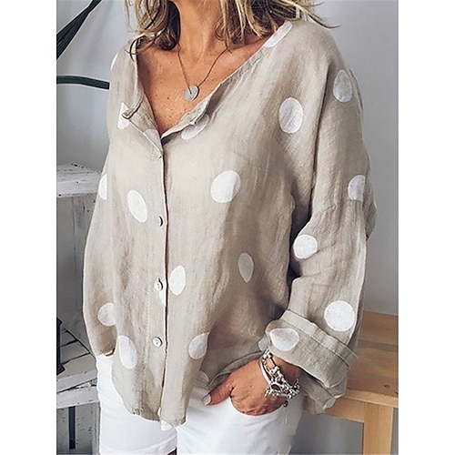 

Women's Blouse Shirt Army Green Gray White Polka Dot Button Print Long Sleeve Daily Weekend Streetwear Casual V Neck Regular S