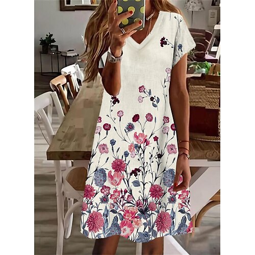 

Women's Shift Dress Knee Length Dress White Short Sleeve Floral Print Spring Summer V Neck Stylish Casual 2022 S M L XL XXL 3XL