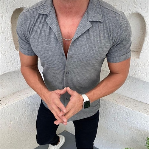 

Men's Shirt Solid Color Turndown Street Casual Button-Down Short Sleeve Tops Casual Fashion Breathable Comfortable Gray