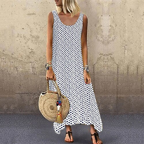 

Women's Shift Dress Maxi long Dress White Sleeveless Polka Dot Print Spring Summer U Neck Casual Vacation 2022 S M L XL XXL 3XL