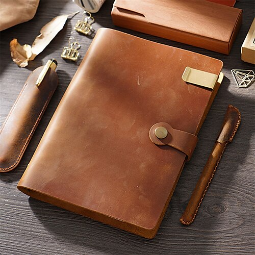 

Leather Notebook Lined Plain Grid A5 5.8×8.3 Inch Simplicity Solid Color Leather Hardcover Portable 102 Pages Notebook for Office Business Composition
