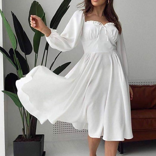 

Women's A Line Dress Knee Length Dress White Long Sleeve Pure Color Ruched Spring Summer Square Neck Elegant Formal Modern 2022 S M L XL