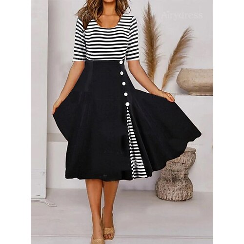 

Women's Casual Dress Midi Dress Black Half Sleeve Striped Ruched Fall Spring Autumn Crew Neck Weekend 2022 S M L XL XXL 3XL