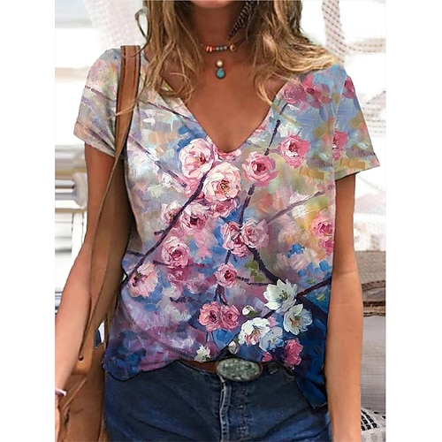 

Women's T shirt Flower Patchwork Print V Neck Basic Tops Rainbow / 3D Print