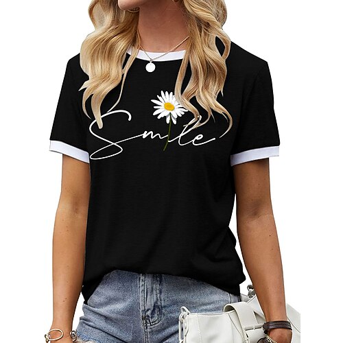 

Women's T shirt Tee Green Blue Purple Floral Letter Patchwork Print Short Sleeve Daily Weekend Basic Round Neck Regular S
