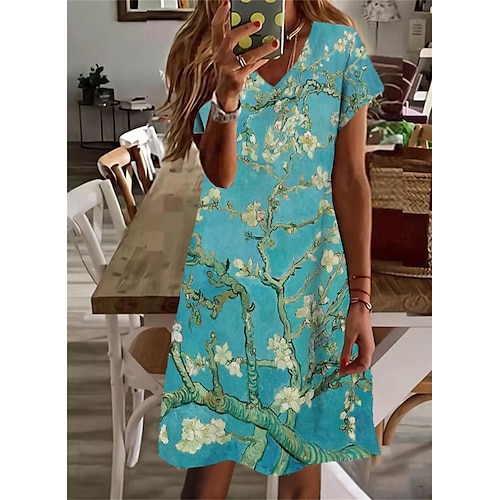 

Femme Robe casual Manche Courte Printemps Eté Imprimer Floral Col V Ample 2022 Boom Vente Robe Bleu S M L XL XXL 3XL