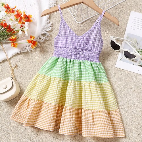 

Kids Little Girls' Dress Color Block A Line Dress Daily Patchwork Rainbow Above Knee Sleeveless Beautiful Cute Dresses Spring Summer Regular Fit 2-6 Years