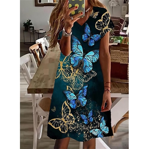 

Femme Robe casual Manche Courte Printemps Eté Imprimer Animal Papillon Col V Ample 2022 Boom Vente Robe Bleu S M L XL XXL 3XL