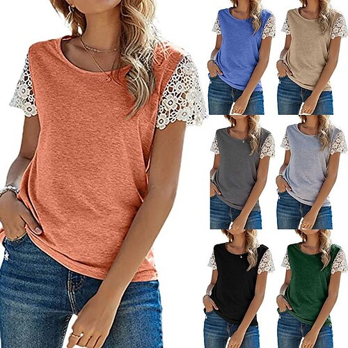 

Women's T shirt Tee Casual Daily Weekend 3D Printed T shirt Tee Short Sleeve Lace Patchwork Round Neck Ethnic Green Black Blue S