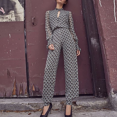 

Mulheres Macacão Imprimir Geométrica Colarinho Chinês Roupa de rua Rua Diário Normal Manga Longa Verde S M L Primavera