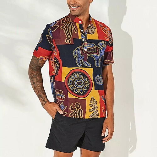 

Men's Shirt Tribal Turndown Party Casual Button-Down Short Sleeve Tops Casual Vintage Streetwear Red Yellow
