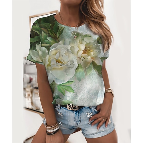 

T shirt Tee Femme Vert Floral Imprimer Manche Courte Casual Vacances basique Col Rond Normal Standard Fleur Peinture S