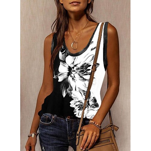 

cross-border european and american printing sleeveless t-shirt 2022 summer new black and white printing round neck loose amazon t-shirt top