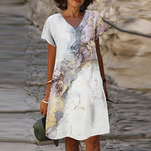 

Women's Shift Dress Knee Length Dress White Short Sleeve Print Print Spring Summer V Neck Stylish Casual 2022 S M L XL XXL 3XL