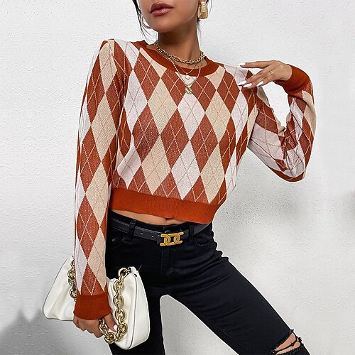 

Women's Sweater Pullover Jumper Knitted Argyle Stylish Casual Soft Long Sleeve Sweater Cardigans Crew Neck Spring Summer Brown